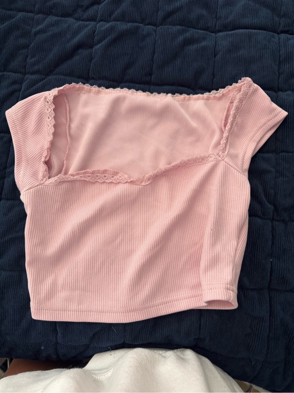 SHEIN Light Pink Ribbed Lace-Trim Square Neck Crop Top